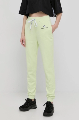 Chiara Ferragni pantaloni de bumbac femei, culoarea verde, cu imprimeu