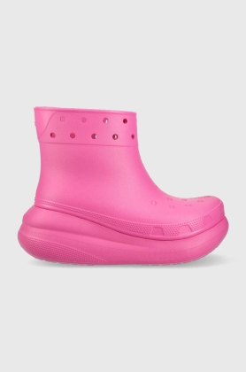 Crocs cizme Classic Crush Rain Boot femei, culoarea roz, 207946