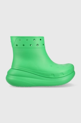 Crocs cizme Classic Crush Rain Boot femei, culoarea verde, 207946