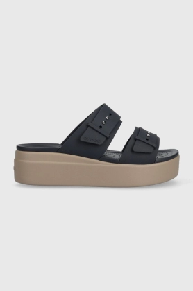 Crocs papuci Brooklyn Low Wedge Sandal femei, culoarea albastru marin, cu platforma, 207431