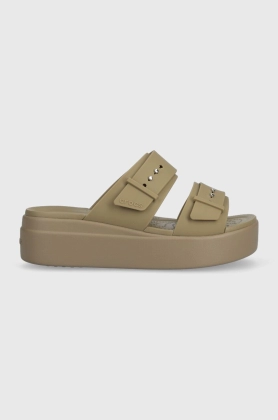 Crocs papuci Brooklyn Low Wedge Sandal femei, culoarea verde, cu platforma, 207431