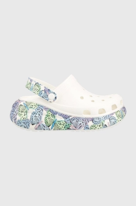 Crocs papuci Classic Crush Butterfly Clog femei, culoarea alb, cu platforma, 208258