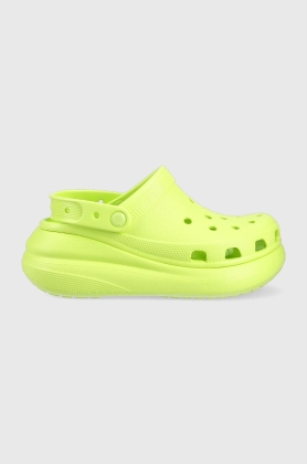 Crocs papuci Classic Crush Clog femei, culoarea verde, cu platforma, 207521