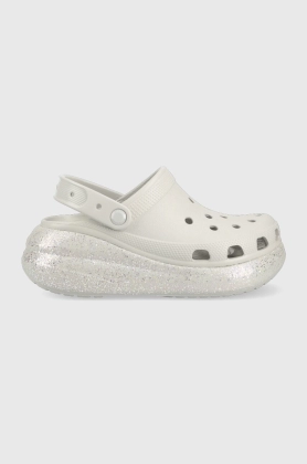 Crocs papuci Classic Crush Glitter Clog femei, culoarea gri, cu platforma, 208256