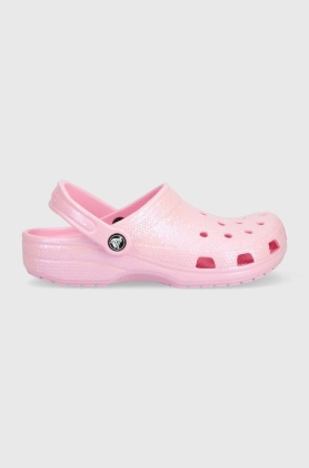 Crocs papuci Classic Glitter Clog femei, culoarea roz, 205942