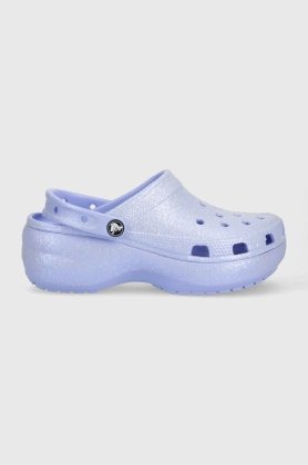 Crocs papuci Classic Platform Glitter Clog femei, culoarea violet, cu platforma, 207241