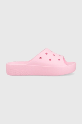 Crocs papuci Classic Platform Slide femei, culoarea roz, cu platforma, 208180