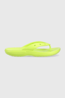 Crocs slapi Classic Flip femei, culoarea verde, cu toc plat, 207713