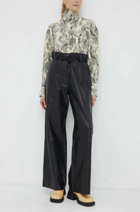 Day Birger et Mikkelsen pantaloni de piele femei, culoarea negru, lat, high waist