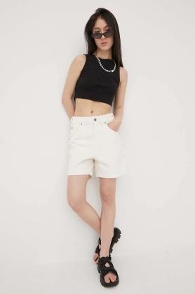 Dickies pantaloni scurti jeans femei, culoarea alb, neted, high waist