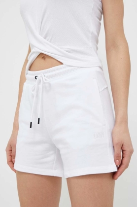 Dkny pantaloni scurti femei, culoarea alb, neted, high waist