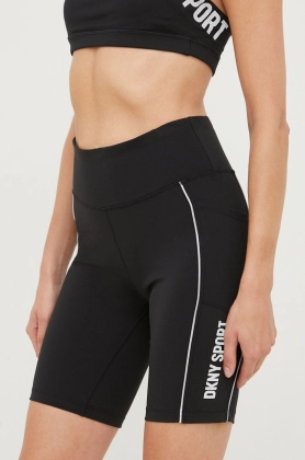 Dkny pantaloni scurti femei, culoarea negru, cu imprimeu, high waist