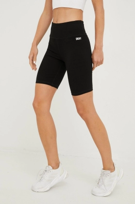 Dkny pantaloni scurti femei, culoarea negru, neted, high waist