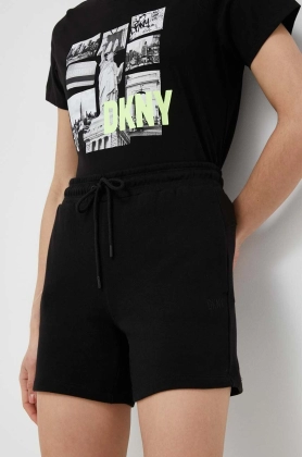 Dkny pantaloni scurti femei, culoarea negru, neted, high waist