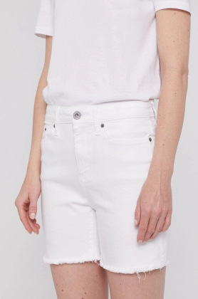 Dkny Pantaloni scurti jeans femei, culoarea alb, material neted, high waist