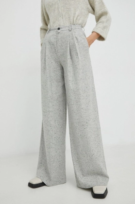 Drykorn pantaloni din lana Elate femei, culoarea gri, lat, high waist
