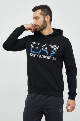 EA7 Emporio Armani bluza barbati, culoarea negru, cu gluga, cu imprimeu