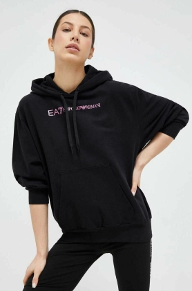 EA7 Emporio Armani bluza femei, culoarea negru, cu gluga, cu imprimeu