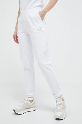 EA7 Emporio Armani pantaloni de trening culoarea alb, cu imprimeu