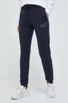 EA7 Emporio Armani pantaloni de trening femei, culoarea albastru marin, cu imprimeu