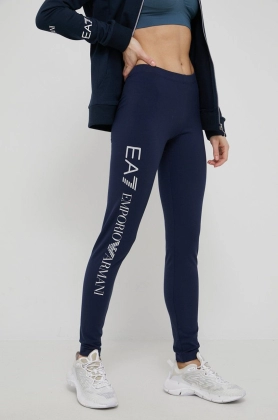 EA7 Emporio Armani pantaloni femei, culoarea albastru marin, cu imprimeu