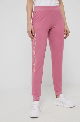 EA7 Emporio Armani pantaloni femei, culoarea roz, neted