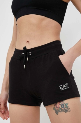 EA7 Emporio Armani pantaloni scurti femei, culoarea negru, neted, medium waist