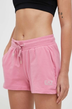 EA7 Emporio Armani pantaloni scurti femei, culoarea roz, neted, medium waist