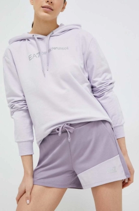 EA7 Emporio Armani pantaloni scurti femei, culoarea violet, cu imprimeu, medium waist