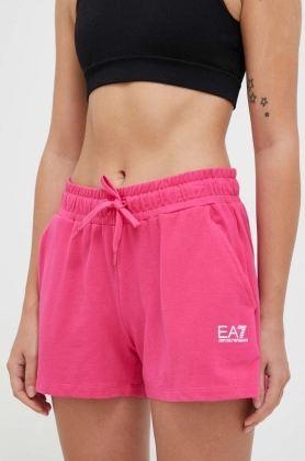 EA7 Emporio Armani pantaloni scurti femei, culoarea violet, neted, medium waist