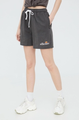 Ellesse pantaloni scurti din bumbac femei, culoarea gri, cu imprimeu, high waist