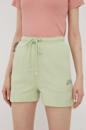 Ellesse pantaloni scurti din bumbac femei, culoarea verde, neted, high waist