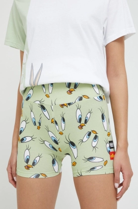 Ellesse pantaloni scurti X Looney Tunes femei, culoarea verde, cu imprimeu, high waist