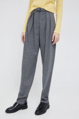 Emporio Armani pantaloni de lana femei, culoarea gri, fason chinos, high waist