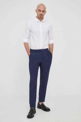 Emporio Armani pantaloni din in barbati, culoarea albastru marin, drept