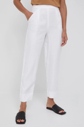Emporio Armani pantaloni din in femei, culoarea alb, lat, high waist