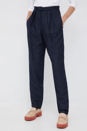Emporio Armani pantaloni din lana femei, culoarea albastru marin, fason chinos, high waist