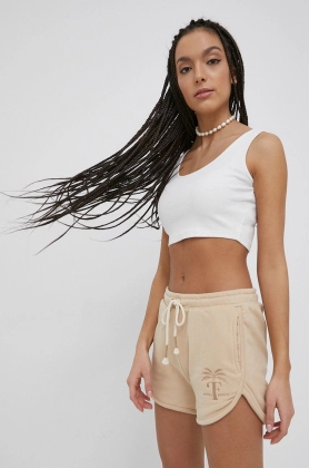 Femi Stories pantaloni scurti femei, culoarea bej, cu imprimeu, high waist