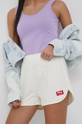 Fila pantaloni scurti femei, culoarea bej, neted, high waist