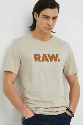 G-Star Raw tricou din bumbac culoarea bej, cu imprimeu