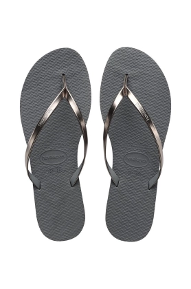 Havaianas slapi You Metallic femei, culoarea gri, cu toc plat