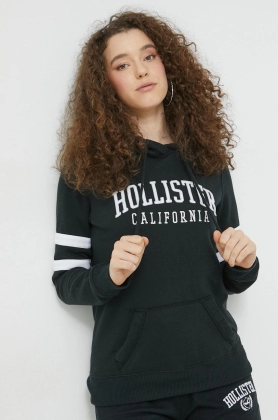 Hollister Co. bluza femei, culoarea negru, cu gluga, cu imprimeu