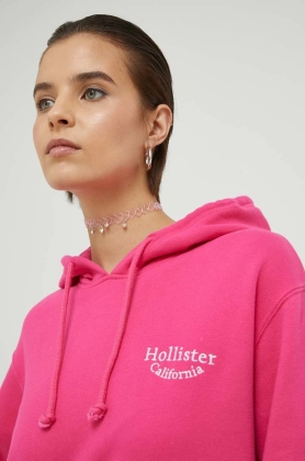 Hollister Co. bluza femei, culoarea roz, cu gluga, cu imprimeu