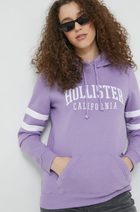 Hollister Co. bluza femei, culoarea violet, cu gluga, cu imprimeu
