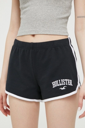 Hollister Co. pantaloni scurti femei, culoarea negru, cu imprimeu, high waist