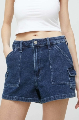 Hollister Co. pantaloni scurti jeans femei, culoarea albastru marin, neted, high waist