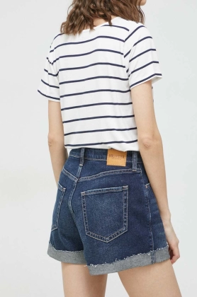 Hollister Co. pantaloni scurti jeans femei, culoarea albastru marin, neted, high waist