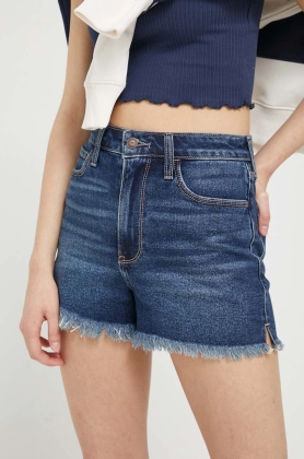 Hollister Co. pantaloni scurti jeans femei, culoarea albastru marin, neted, high waist