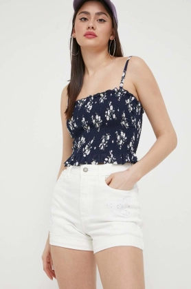 Hollister Co. pantaloni scurti jeans femei, culoarea bej, neted, high waist