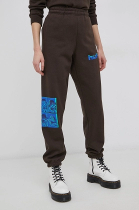 HUF pantaloni femei, culoarea maro, cu imprimeu